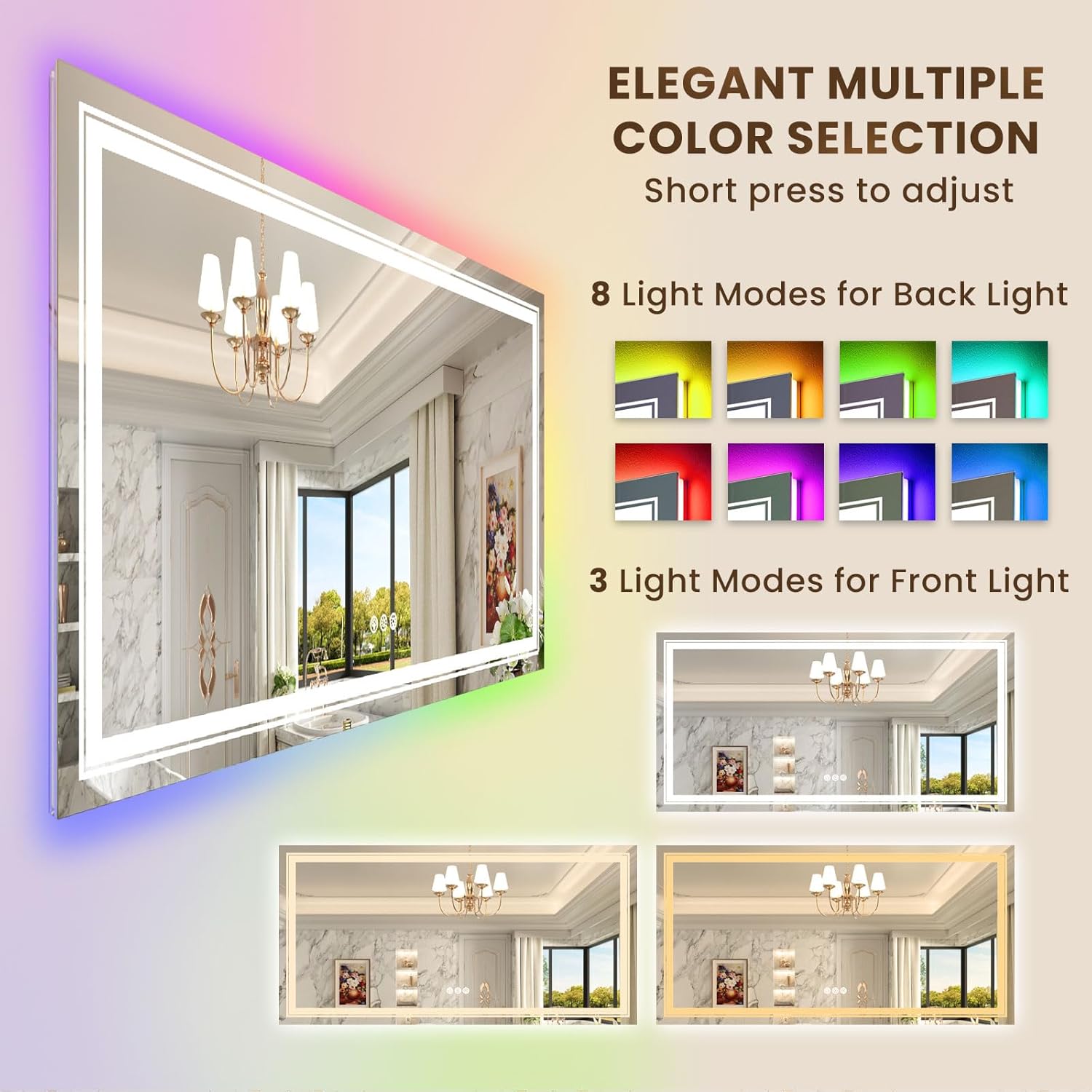 WTTY Espejo de baño LED de 60 x 30 pulgadas con retroiluminación RGB y luz frontal, espejo LED regulable continuo para baño, espejo de tocador de