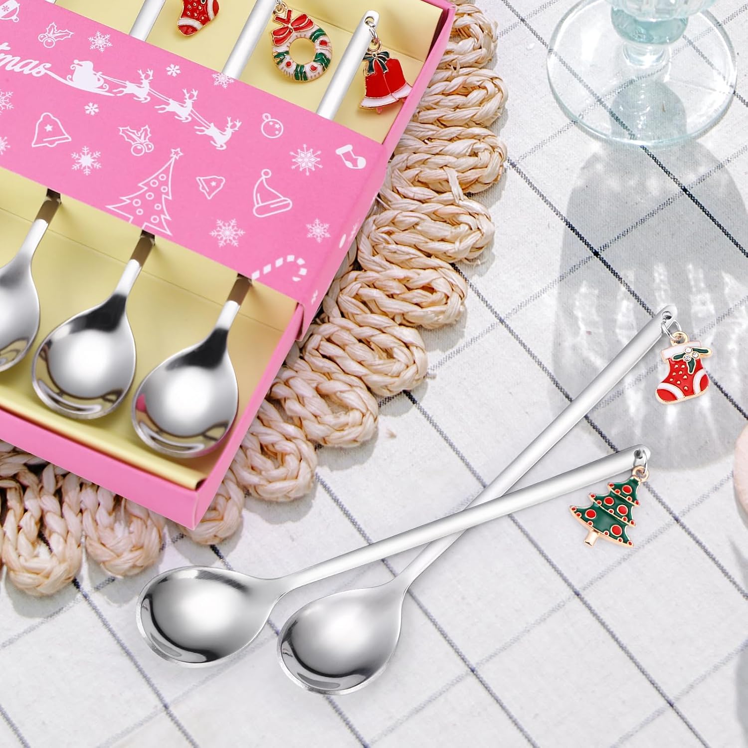Cucharas de postre, cubiertos plateados de acero inoxidable de Navidad, 6 piezas con caja de regalo de Navidad, perfectos para fiestas de café y
