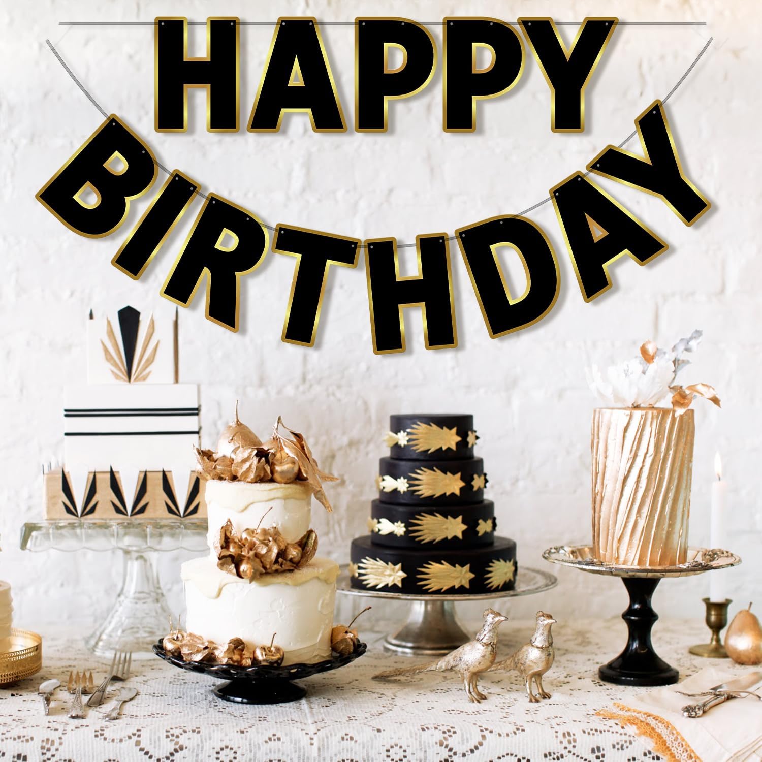 Cartel de feliz cumpleaños negro y dorado, preencordado, de 9 pies, sin bricolaje, decoraciones de cumpleaños, letrero de feliz cumpleaños para