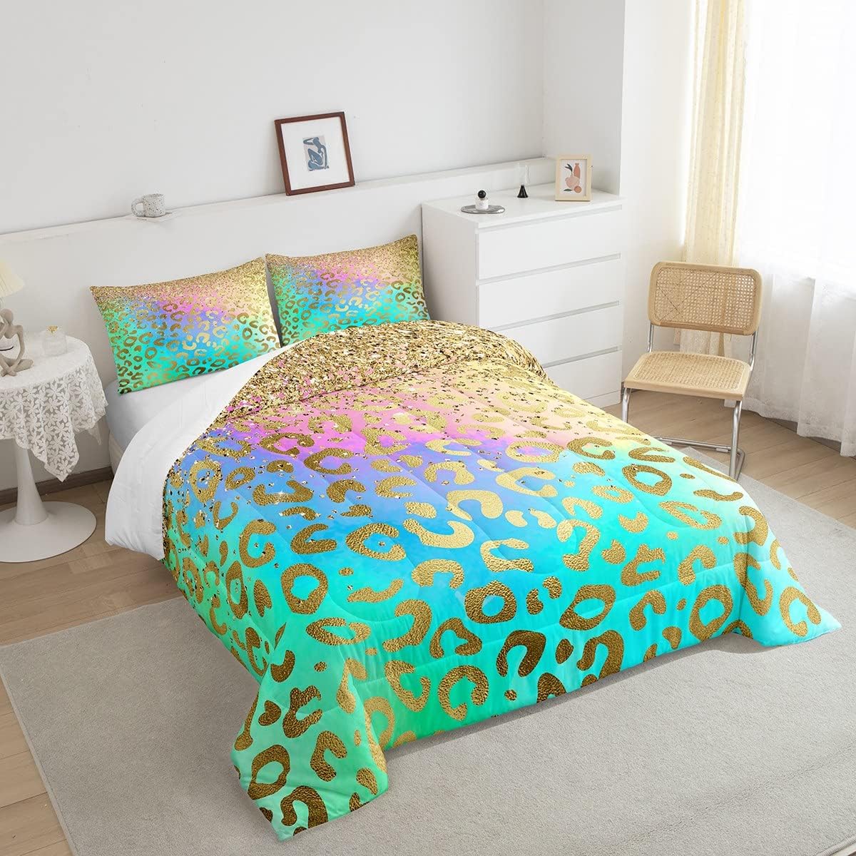 Feelyou Juego de edredón de leopardo dorado con purpurina, juego de ropa de cama con estampado de animales salvajes, juego de edredón acolchado de