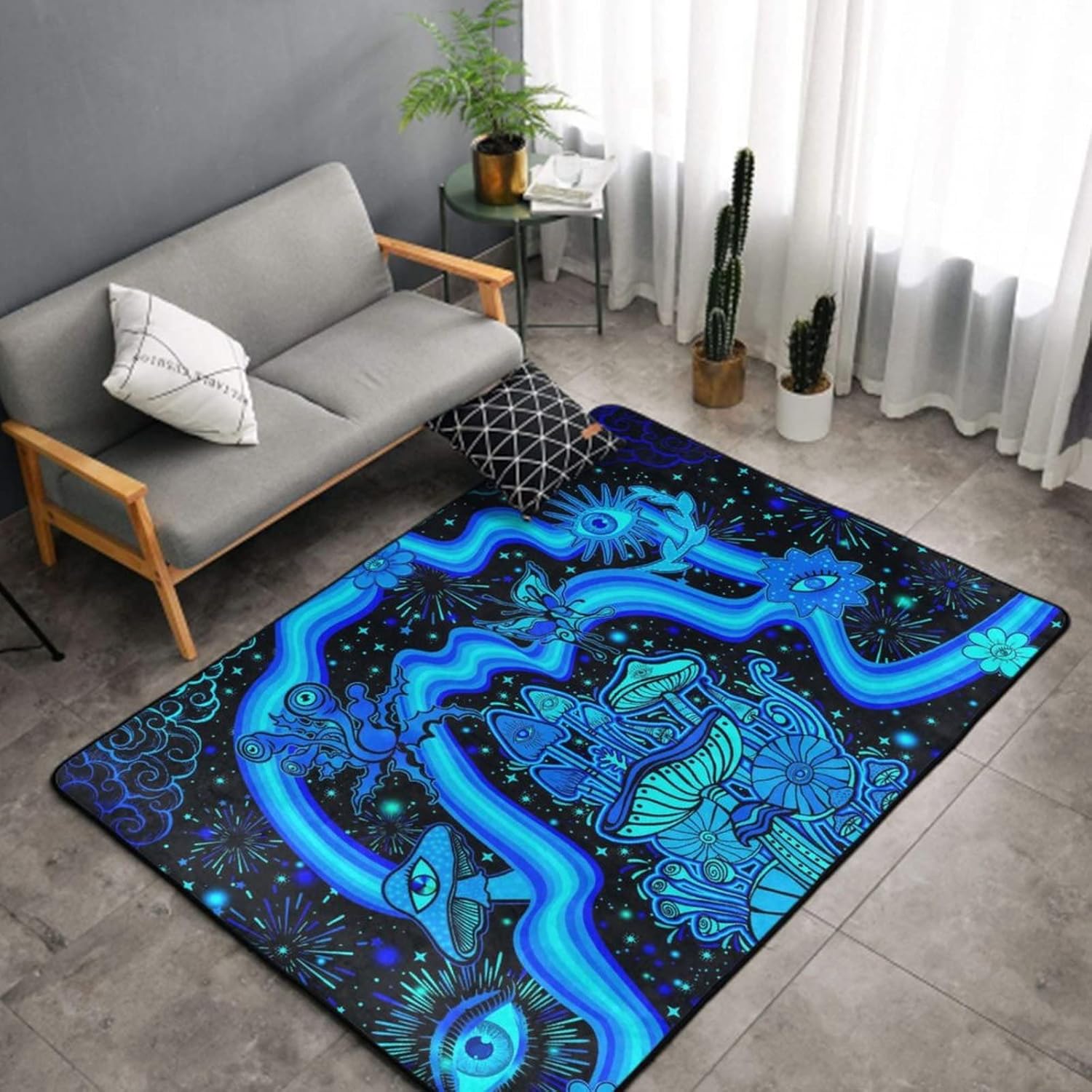 Alfombra de área ultra suave y acogedora para niñas, niños, adolescentes, alfombra de área de juegos, hongos, flores, ojos, estrellas, plantas
