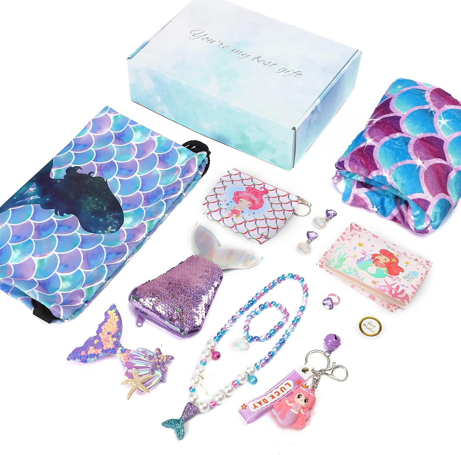 Mermaid Gifts for Girls, Mermaid Tail Blanket Mermaid Jewelry Makeup Set for Girls 3 4 5 6 7 8 9 10 11 12 Years Old