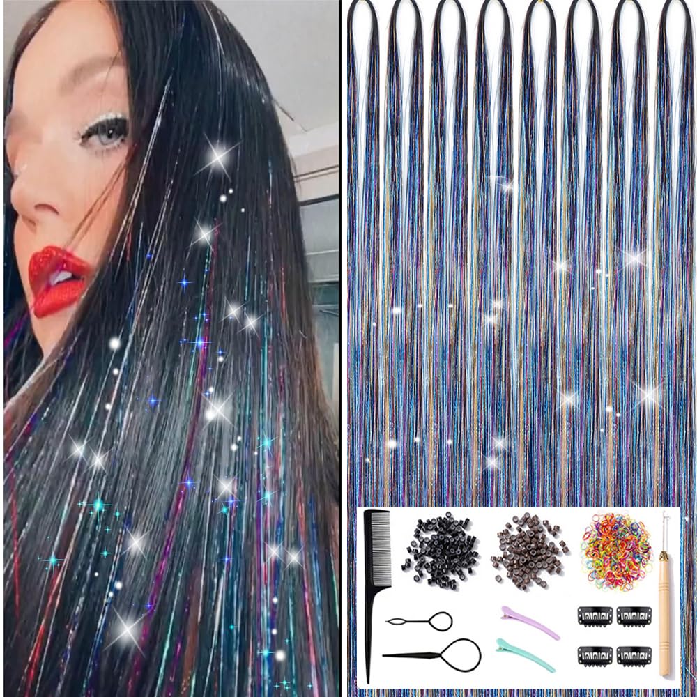 Kit de oropel para el cabello con herramientas, 8 piezas de 1600 hebras con purpurina, extensiones de cabello de oropel con purpurina, resistentes
