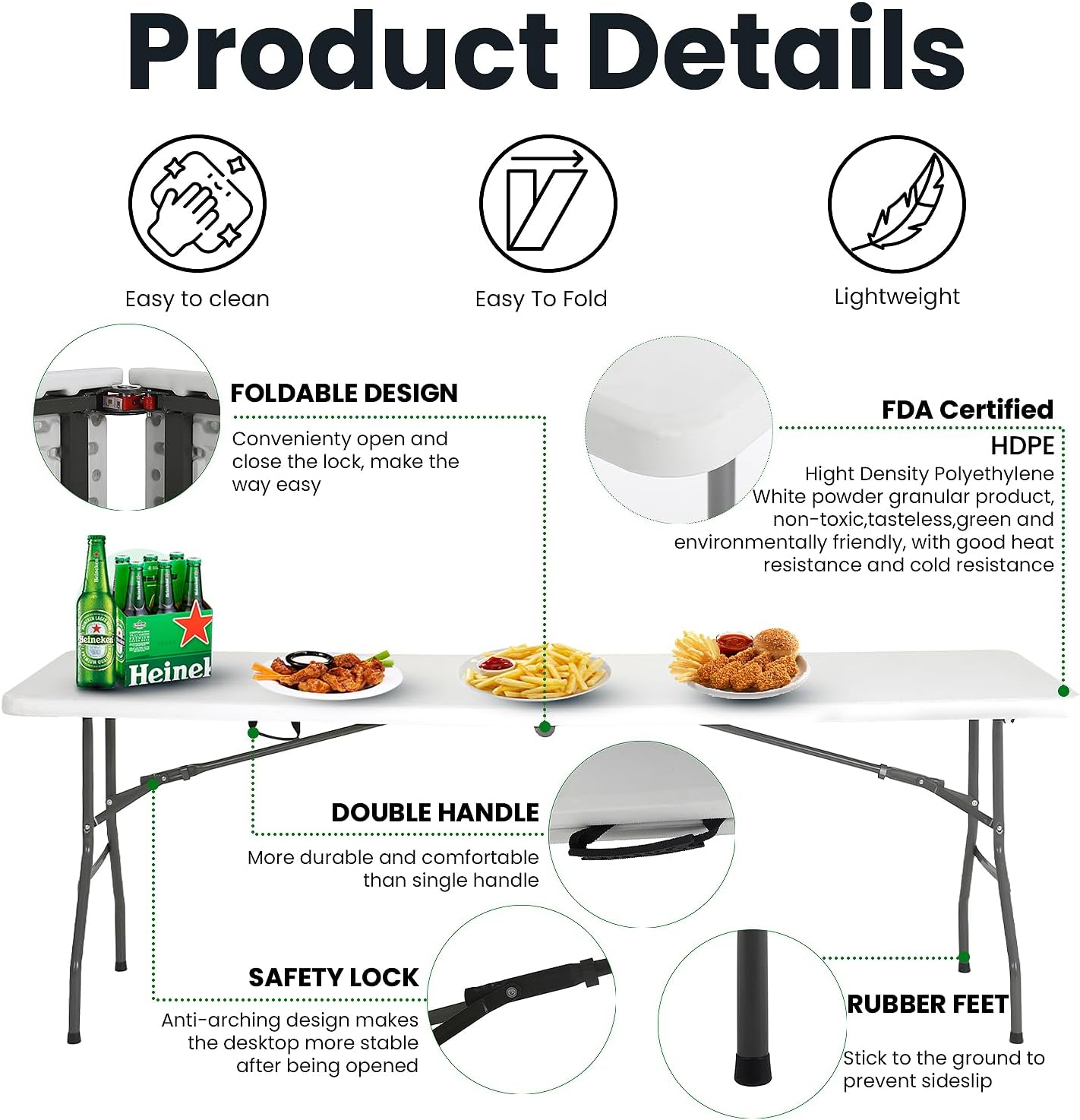 MGHH Mesa plegable de 8 pies, mesa de plástico, mesa de campamento, mesa de picnic portátil plegable con asa de transporte para cocina, fiesta,