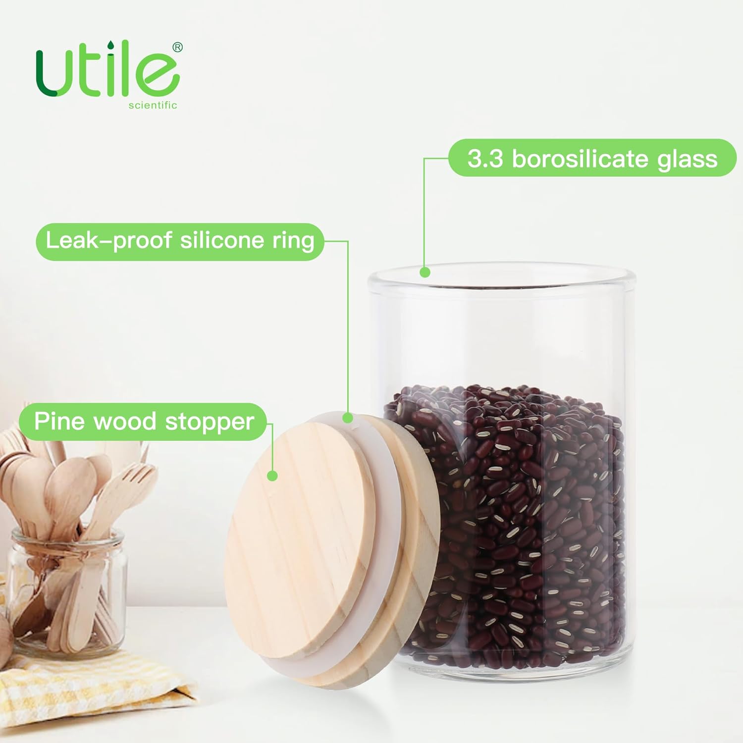Utile Juego de 6 frascos de vidrio grueso para alimentos con tapa, 21.3 fl oz-3PCS, 33.0 fl oz-2PCS, 62.6 fl oz-1PC, recipientes herméticos de