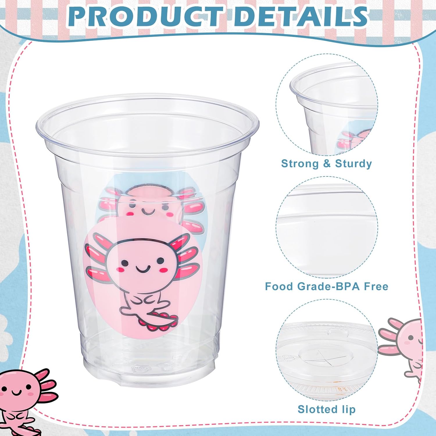 Juego de 120 vasos desechables de ajolote transparente de 12 onzas con tapas y pajitas de papel, tazas de café helado para niñas, decoración de