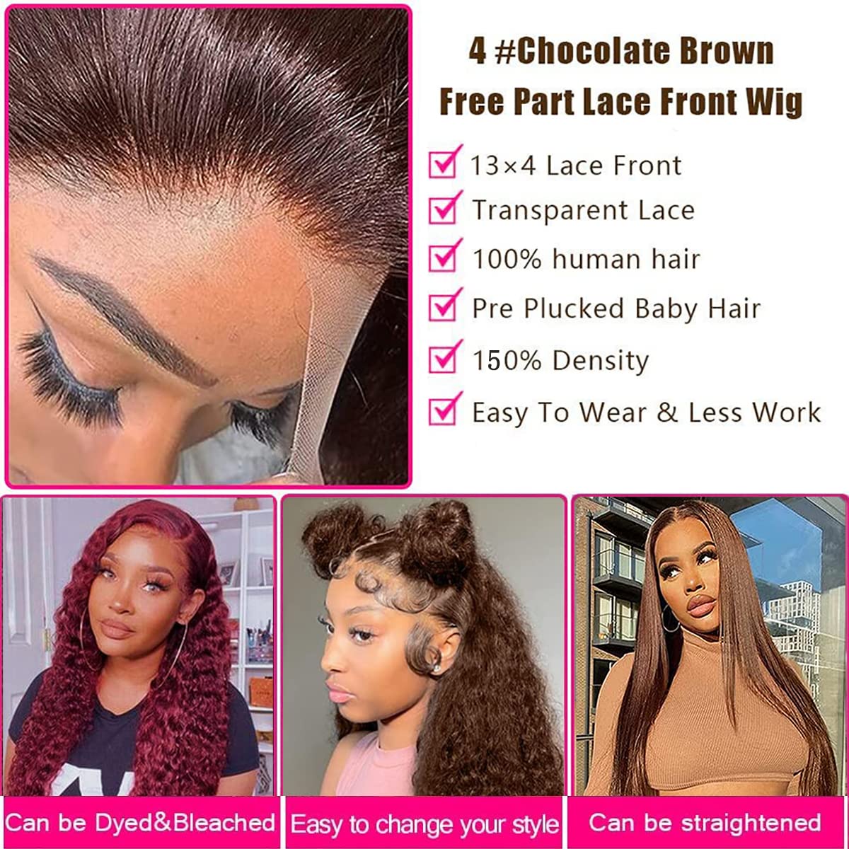 Pelucas de cabello humano con encaje frontal transparente de 13 x 4 pulgadas, color marrón chocolate, pelucas de cabello humano virgen brasileño