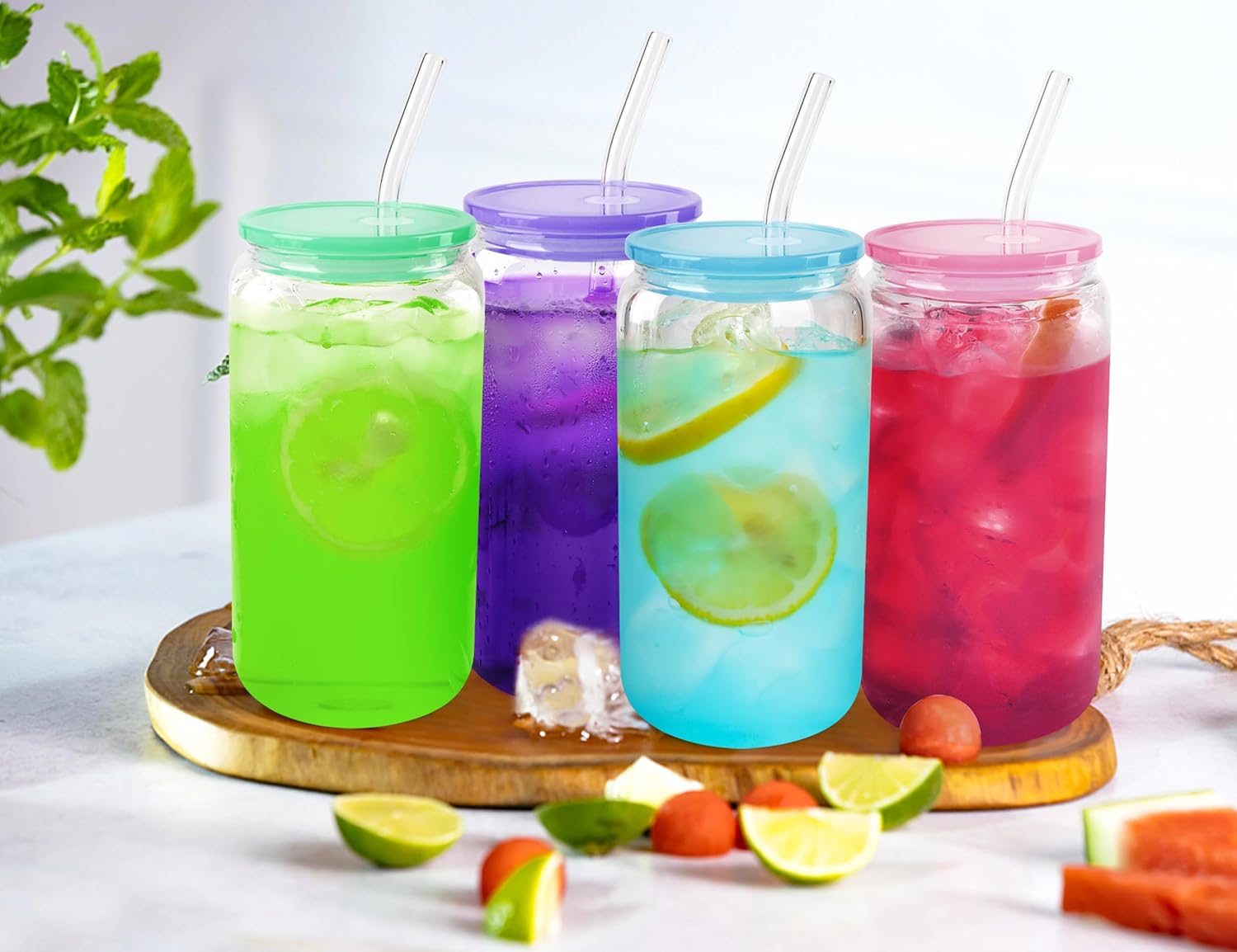 Joyclub Paquete de 4 tapas acrílicas para vasos de vidrio de 16 onzas con tapas de bambú y pajitas, taza de café helado, vasos de cerveza
