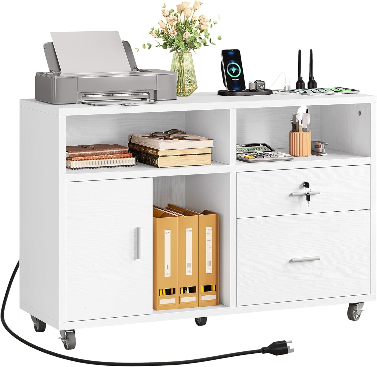 YITAHOME Archivador lateral de madera, gabinete de almacenamiento móvil de 2 cajones, se adapta a A4, soporte para impresora de letras y documentos