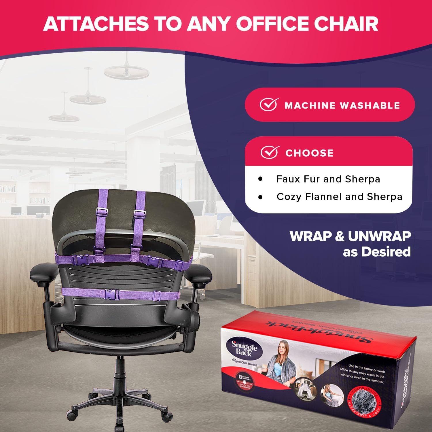 La manta original para silla de oficina de SnuggleBack acogedora y cómoda funda para silla de escritorio de oficina se fija para un calor cómodo y