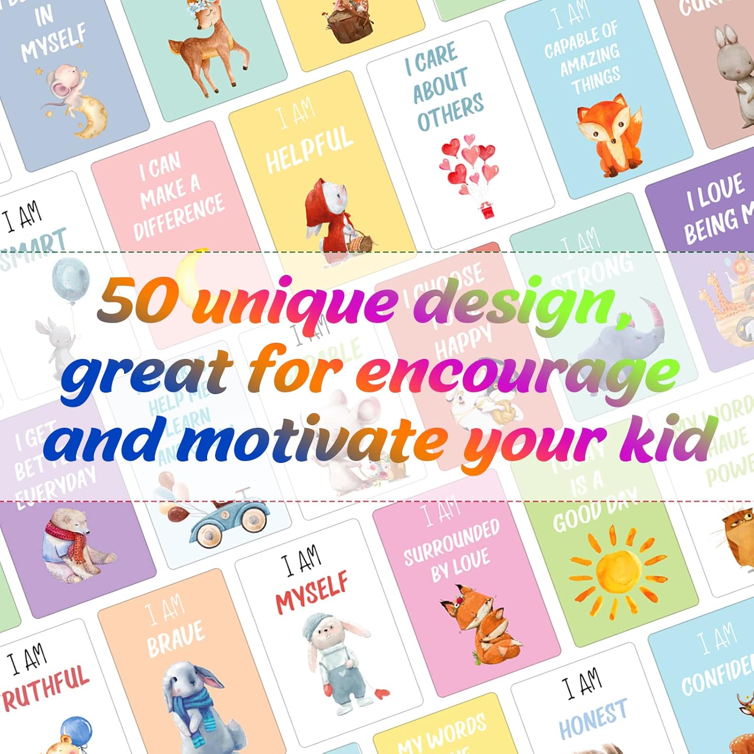 Juego de 50 tarjetas de afirmación positiva para niños pequeños, tarjetas de afirmación motivacional, tarjetas didácticas, afirmaciones diarias