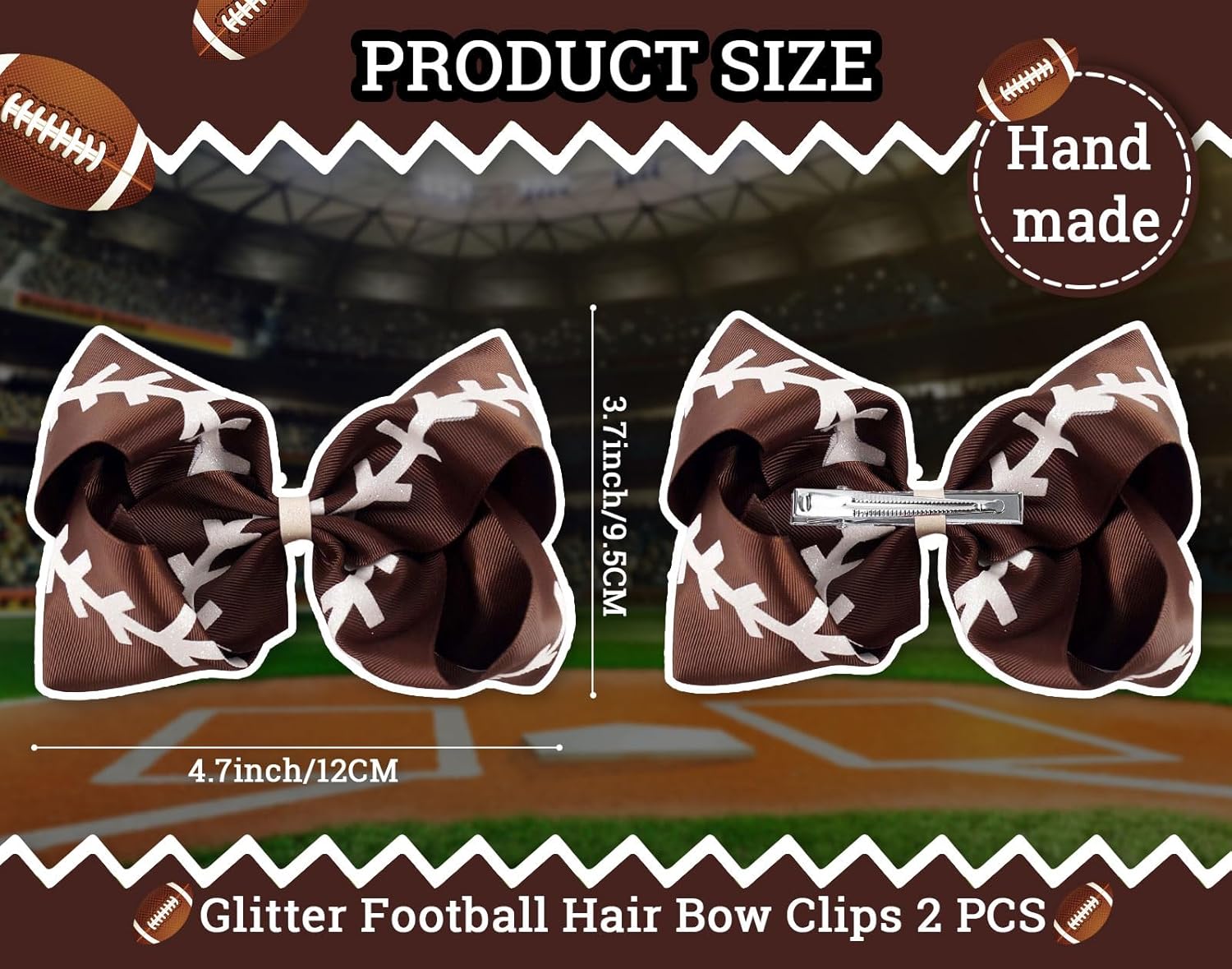 Whaline 2 pinzas para el pelo de fútbol con purpurina, color marrón y blanco, pasadores de pelo para animar el pelo de grogrén, cinta de grogrén con