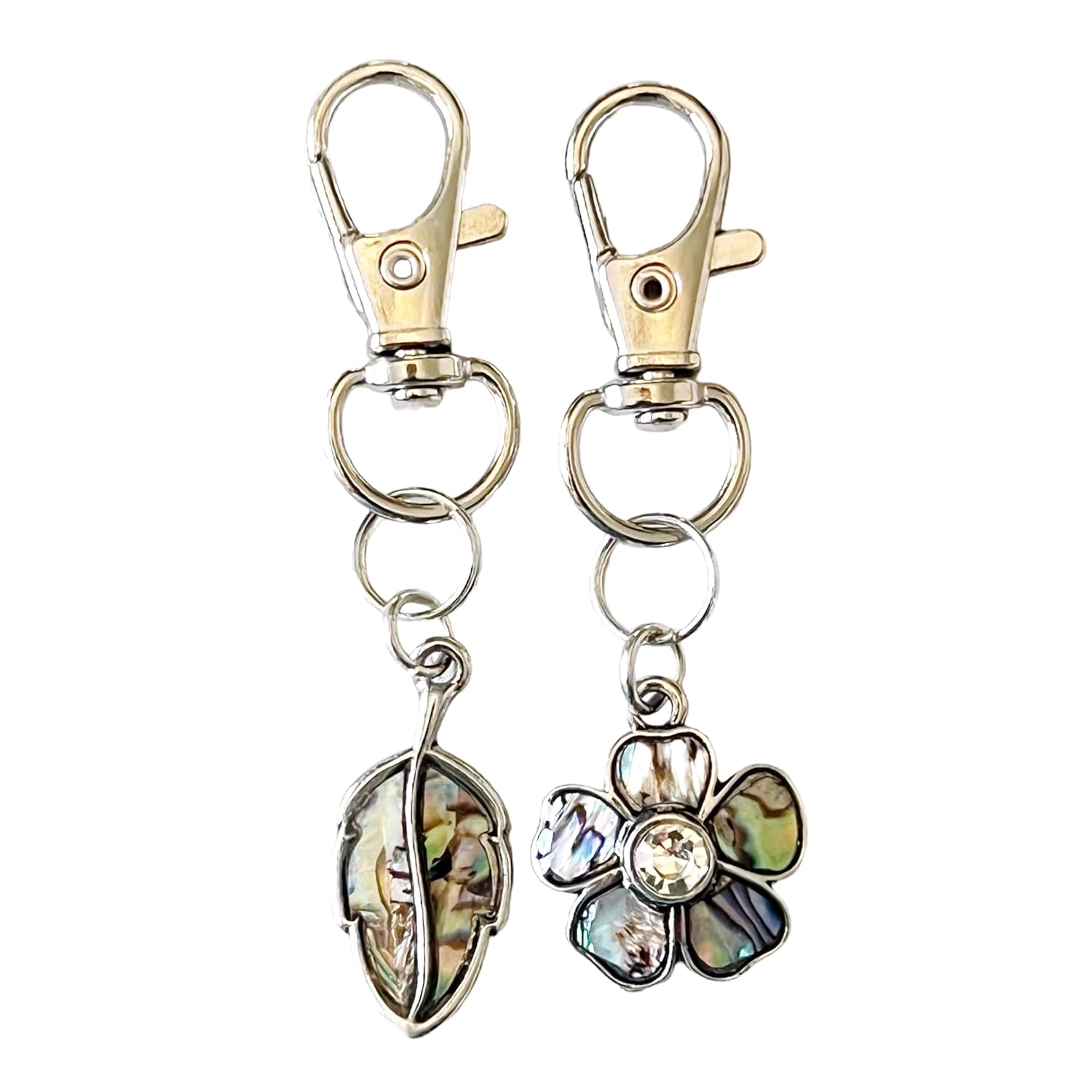 Silver Flower & Leaf Purse Charms, Abalone Shell Handbag Jewelry, Floral Fall Zipper Pulls, Cool Keychain, Backpack Charms, Nature Gift Sets