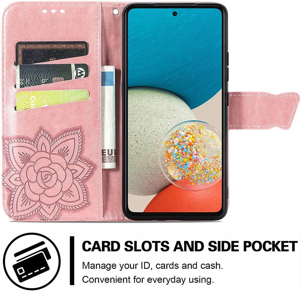 Funda tipo cartera para Samsung Galaxy A53 5G, piel sintética de alta calidad con diseño de mariposa en relieve, función atril, ranuras para