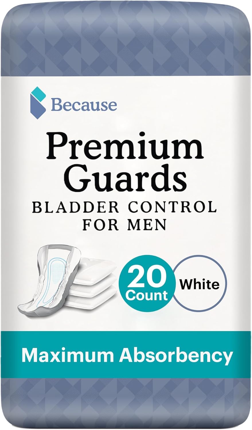 Because Protectores prémium para hombres  Paquete de 20 protectores de protección de vejiga discretos envueltos individualmente
