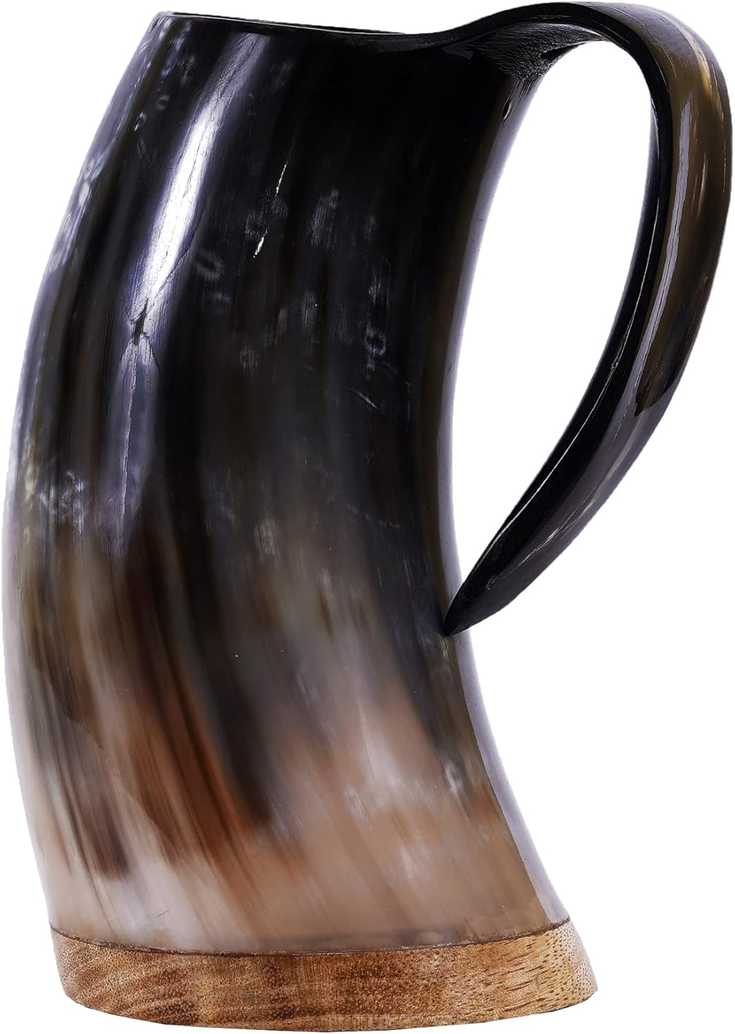 Taza original de cuerno vikingo con saco de arpillera, base de madera de 20 onzas, extra grande, inspirada en la Edad Media, hecha a mano, pulida,