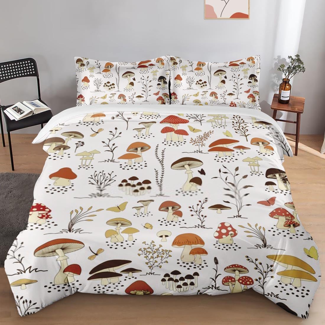 Juego de funda de edredón, diseño de hongos y mariposa, juego de ropa de cama para niños y adultos, decoración de dormitorio de niños y adultos,