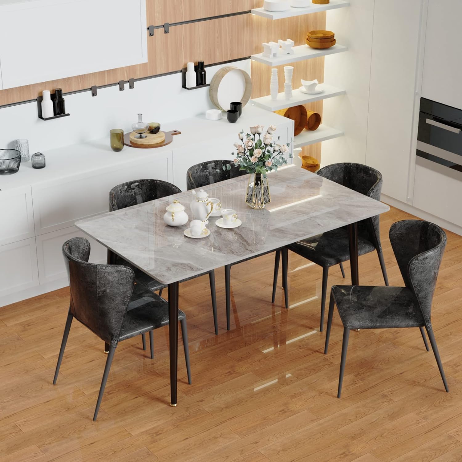 Wisfor Mesa de comedor de piedra sinterizada mesa de cocina gris de 47.2 x 27.5 pulgadas con patas de metal – Mesa de desayuno de 6 asientos para