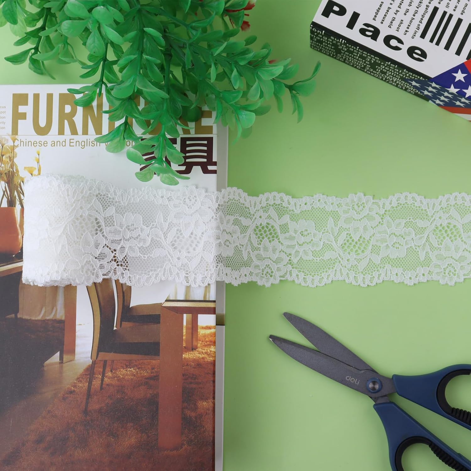 Tela de encaje vintage de 2.4 pulgadas x 5 yardas, ribete de encaje blanco para costura, cinta de encaje elástica, perfecta para manualidades,
