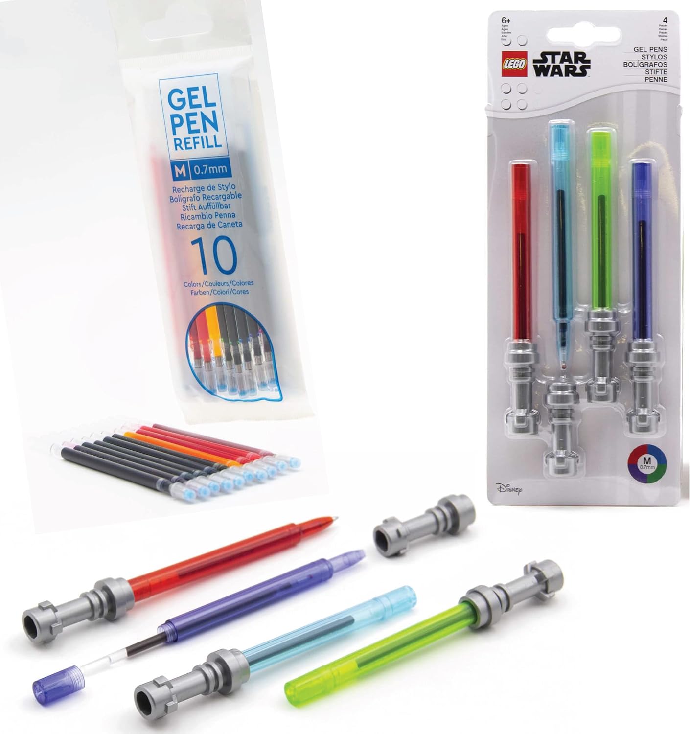 LEGO Star Wars – Bolígrafo de gel con sable de luz, paquete de 4 con 10 recambios de tinta