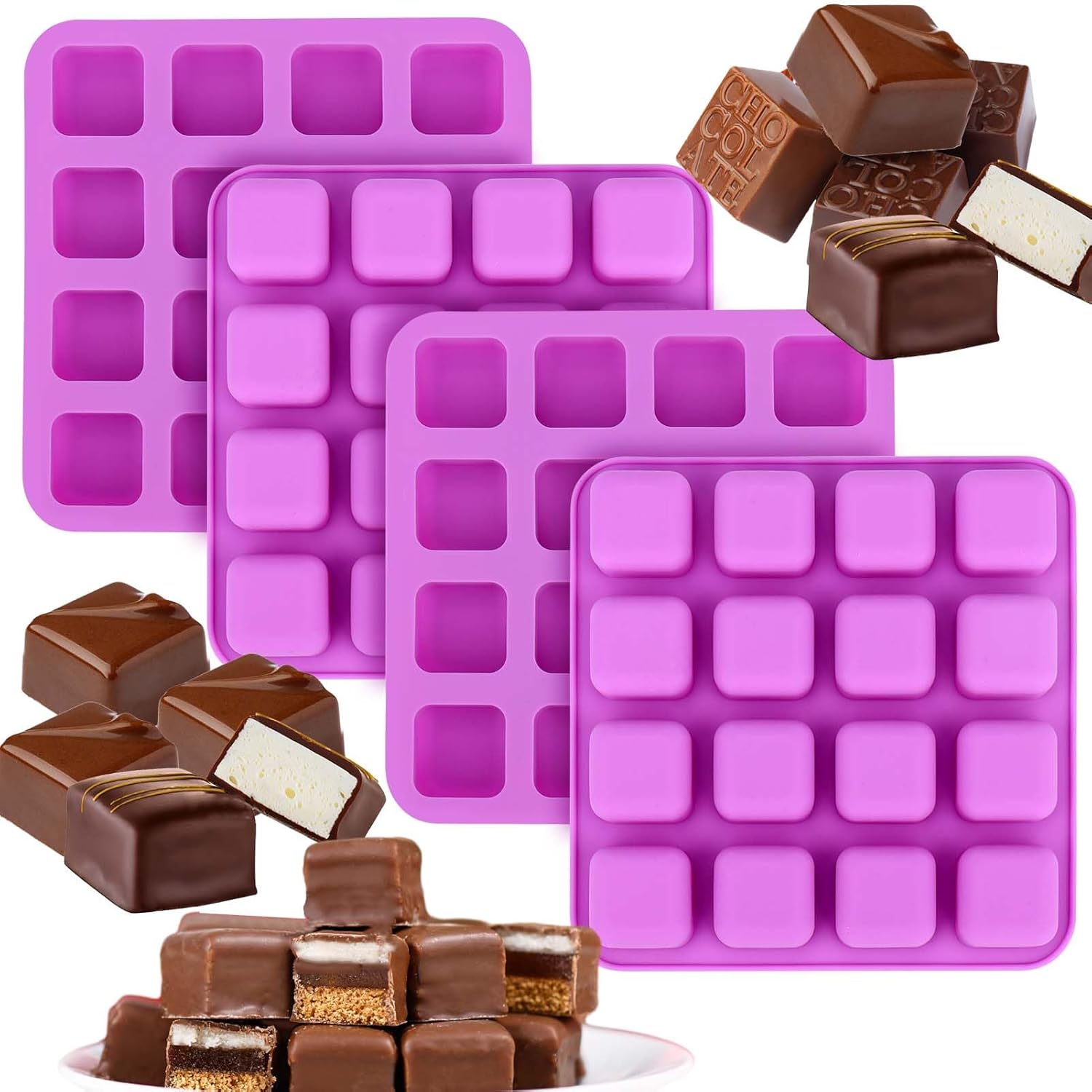 Vodolo Moldes cuadrados de silicona de caramelo de caramelo, 4 piezas de 16 cavidades de molde de trufas de chocolate para bombas de grasa,