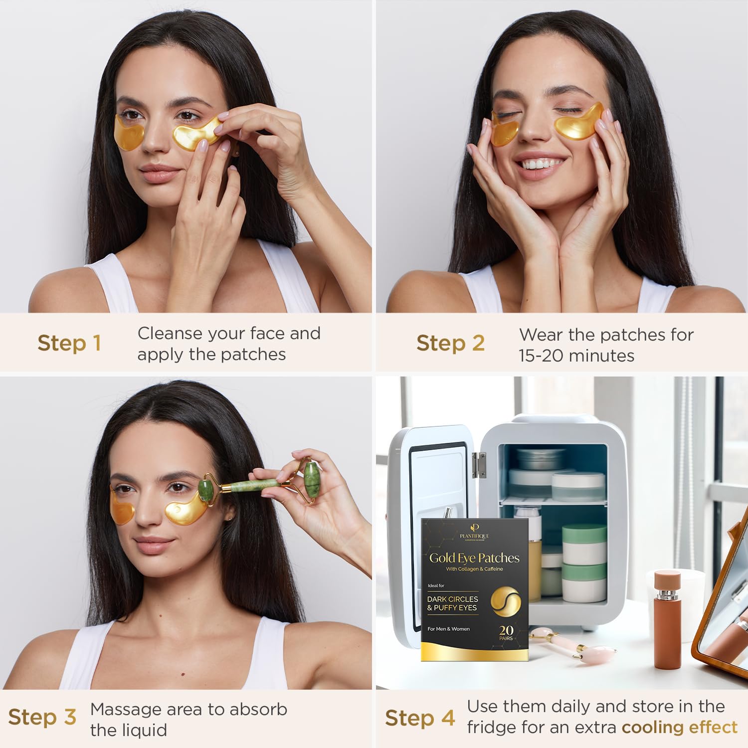 PLANTIFIQUE Parches dorados para ojos hinchados y ojeras, 20 pares de máscaras debajo de los ojos para ojeras e hinchazón, geles de ojos con