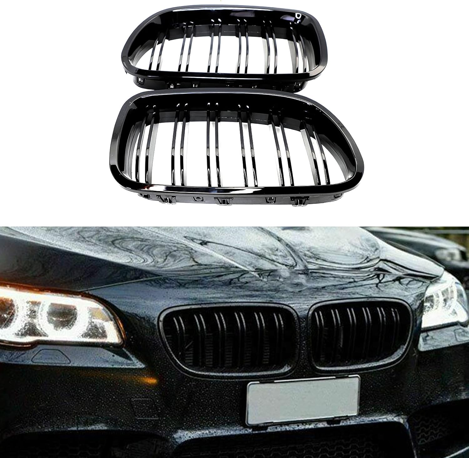 Parrilla frontal F10 F18 compatible con BMW 5 Serie F10 F11 F18 M5 2010-2017, (juego de 2 rejillas dobles negras brillantes)