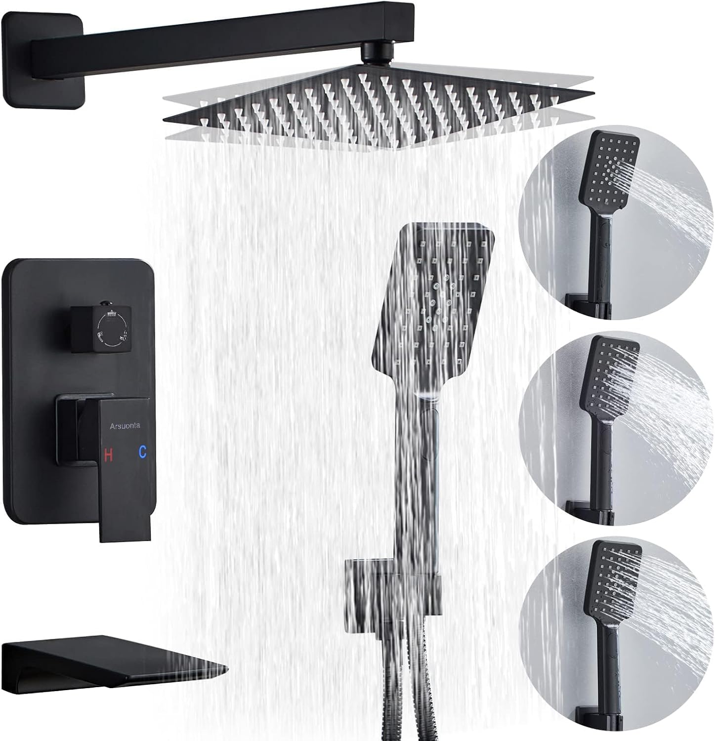 Juego de grifo de ducha cuadrado negro de 8 pulgadas con boquilla de bañera, sistema combinado de ducha con ajuste táctil de tres posiciones, kit de