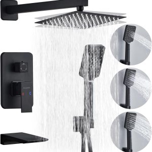 Juego de grifo de ducha cuadrado negro de 8 pulgadas con boquilla de bañera, sistema combinado de ducha con ajuste táctil de tres posiciones, kit de Juego de grifo de ducha cuadrado negro de 8 pulgadas con boquilla de bañera, sistema combinado de ducha con ajuste táctil de tres posiciones, kit de