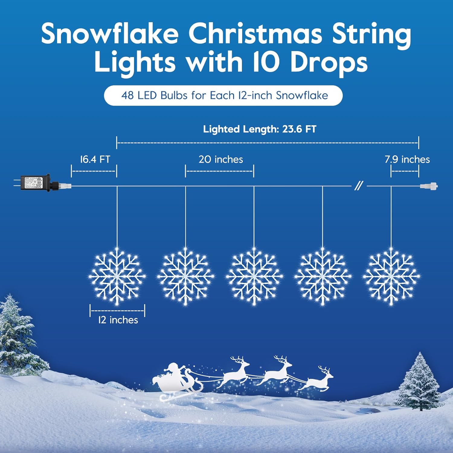 Luces de copo de nieve de Navidad para exteriores, enchufables de 23.6 pies, 10 gotas, 480 luces LED de ventana de copo de nieve, conectables para