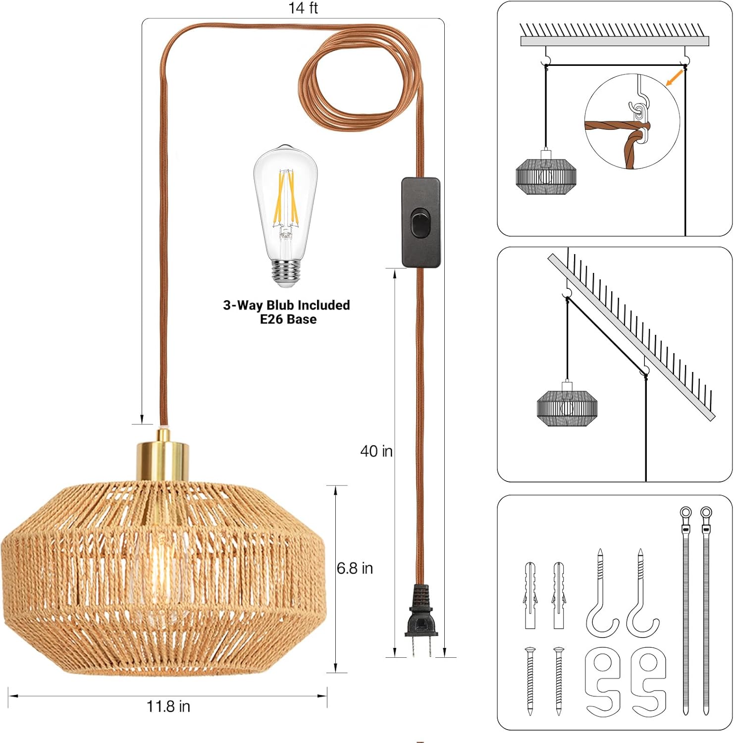 Lámpara colgante de ratán tejido de papel con enchufe, lámpara colgante bohemia rústica para cocina, comedor, dormitorio, entrada, con bombilla
