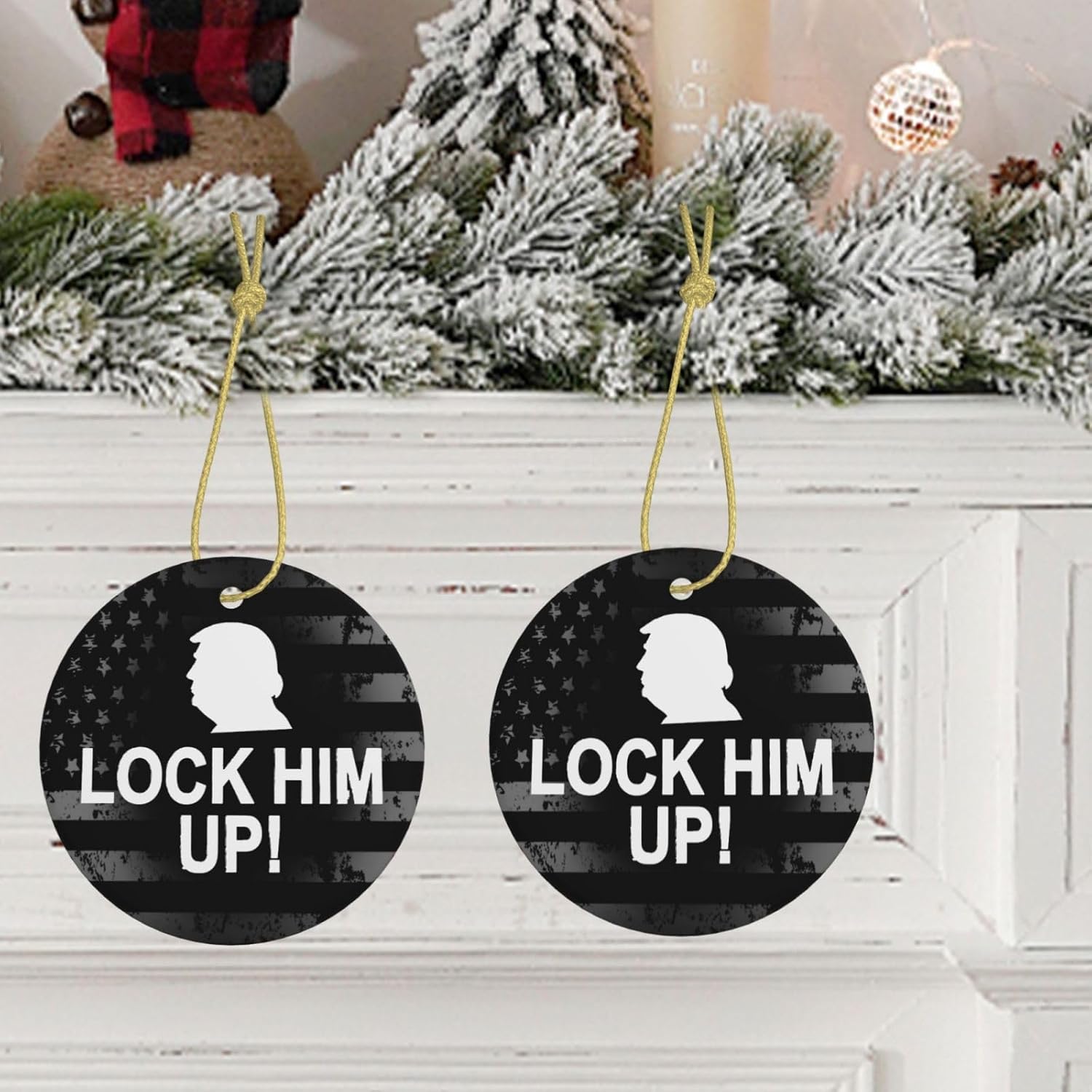 Lock Him Up Anti Donald Trump Adornos de cerámica Decoración colgante personalizado Adorno colgante de Navidad para decoración del hogar