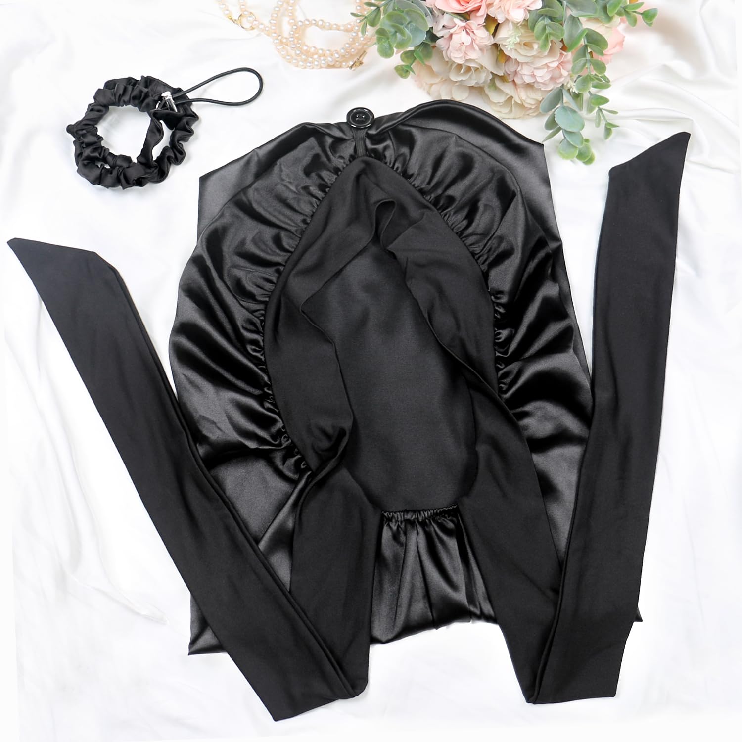 Babalet Gorro de seda para dormir, gorro de satén plegable extra largo con banda de amarre elástica para mujeres negras, accesorio para el cabello