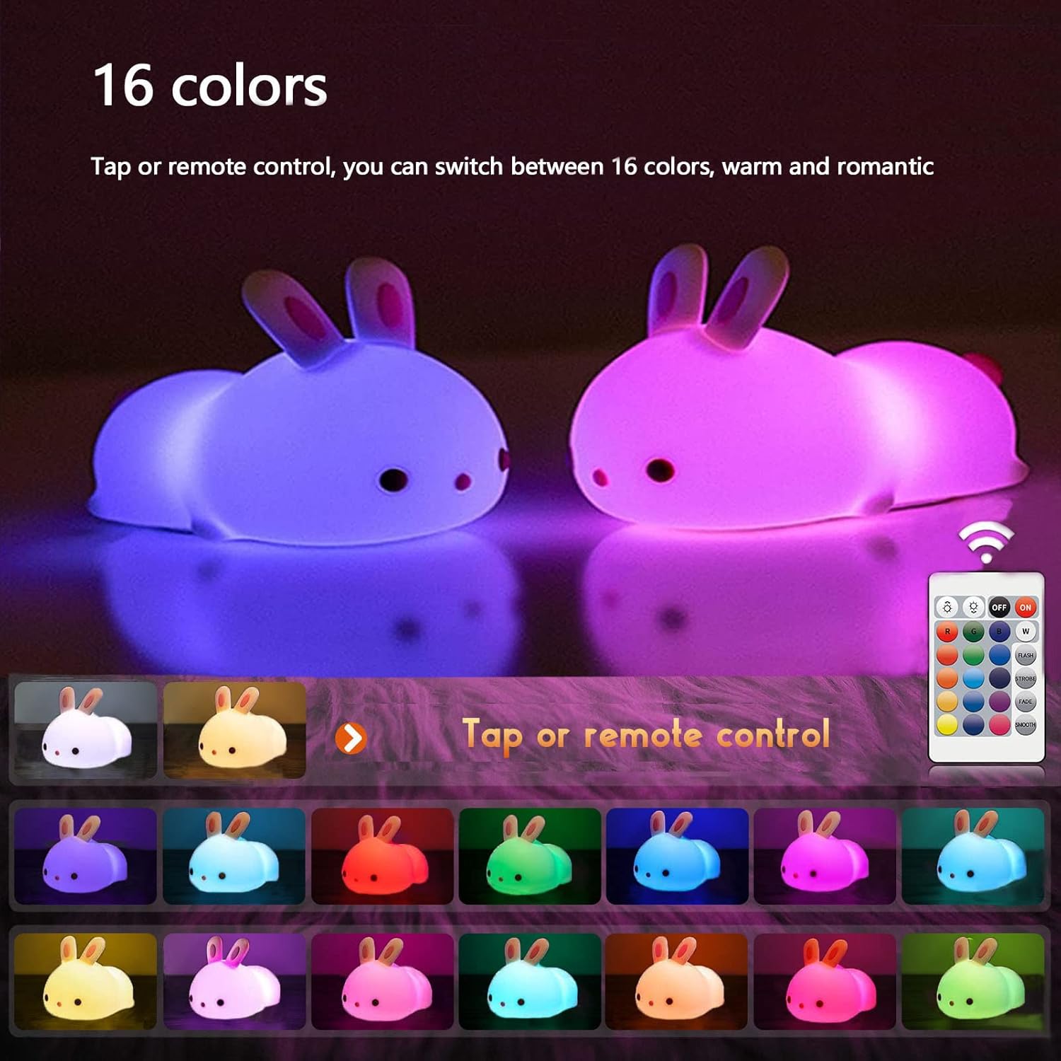 Linda luz nocturna de conejo, recargable por USB, luz nocturna con sensor táctil y control remoto, 4 modos, 16 colores, luz nocturna para niños,
