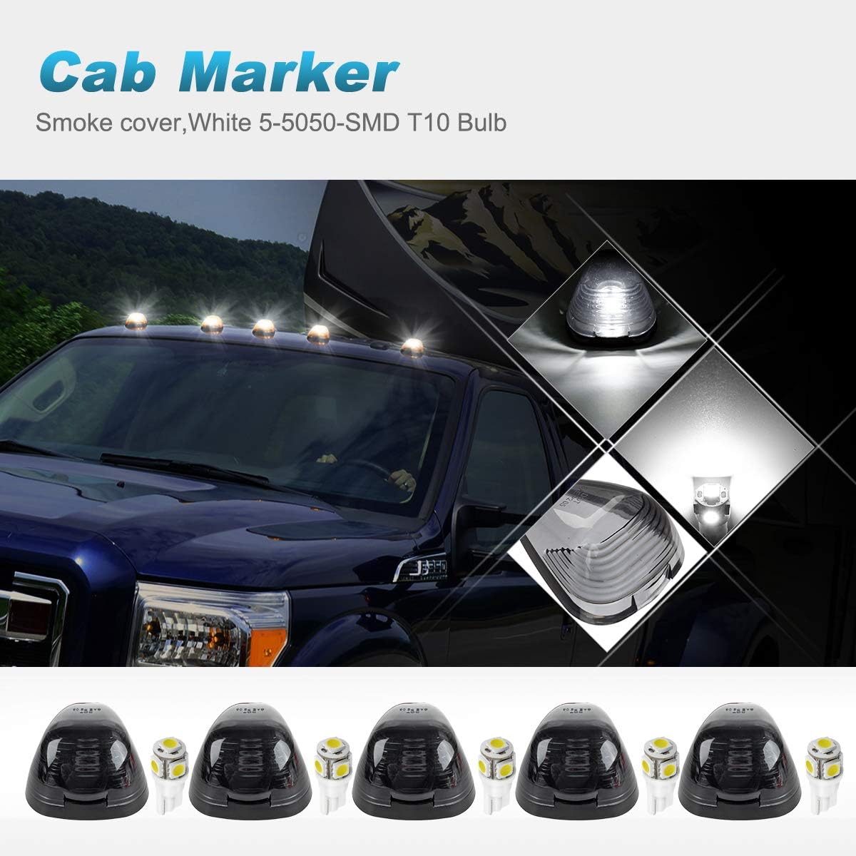 Partsam 5 lámparas de funcionamiento negras con lente ahumada para techo con luces LED blancas compatibles con Ford F150 F250 F350 F450 F550 F650
