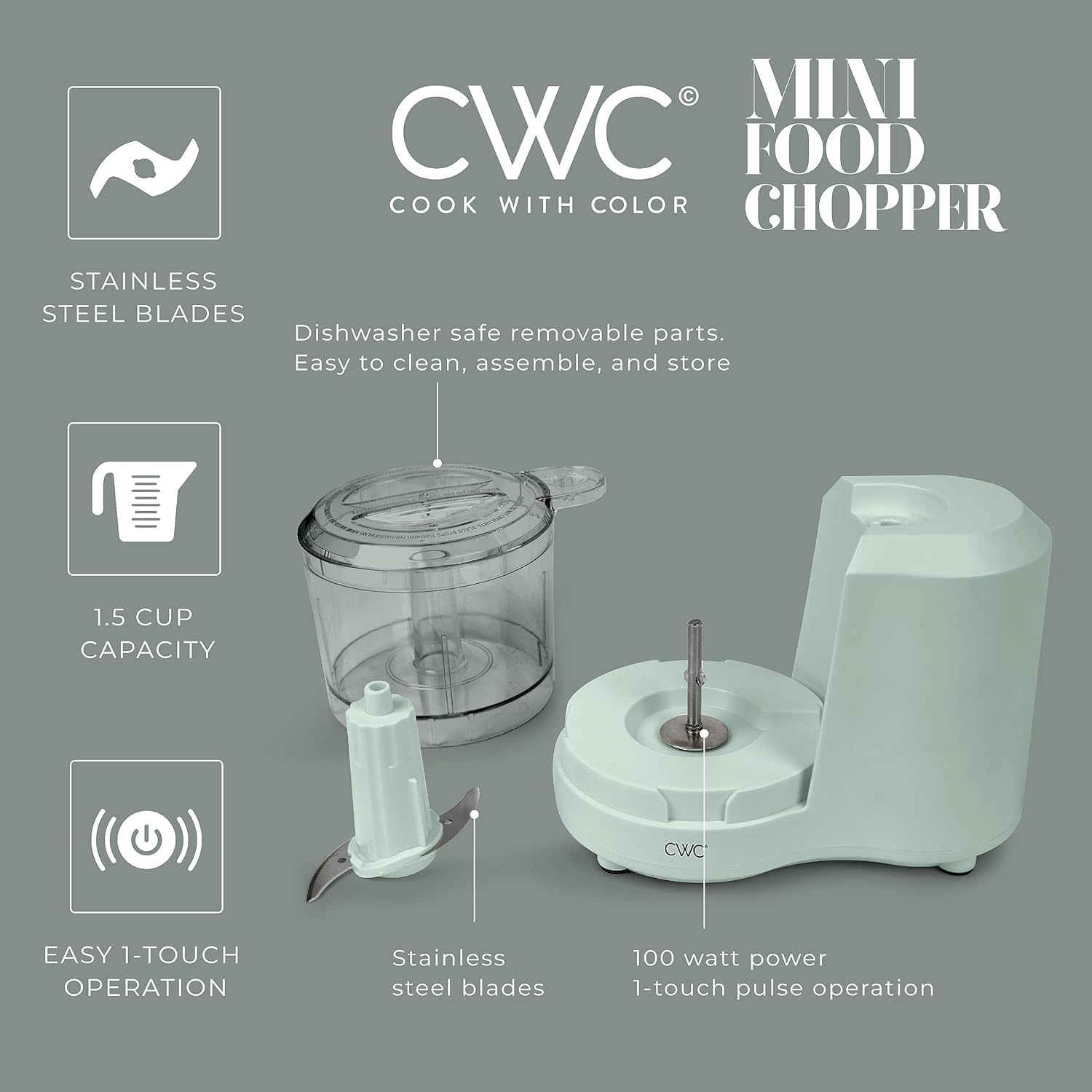 Cook with Color Precisión sin esfuerzo mini picadora de alimentos con cuchillas de acero inoxidable para verduras muy picadas, 1.5 tazas, salvia