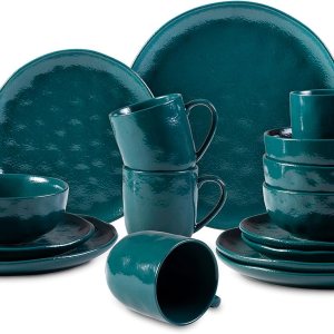 Vajilla de cerámica orgánica Sky Star de 16 piezas, esmalte reactivo, turquesa Vajilla de cerámica orgánica Sky Star de 16 piezas, esmalte reactivo, turquesa