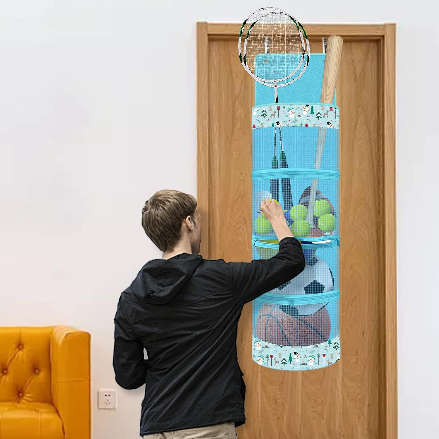 Hanging Organizer, Over The Door Hanging Sports Equipment and Ball Storage, Garage Sports Equipment Organizer for Hold Soccer, Basketball, Football,