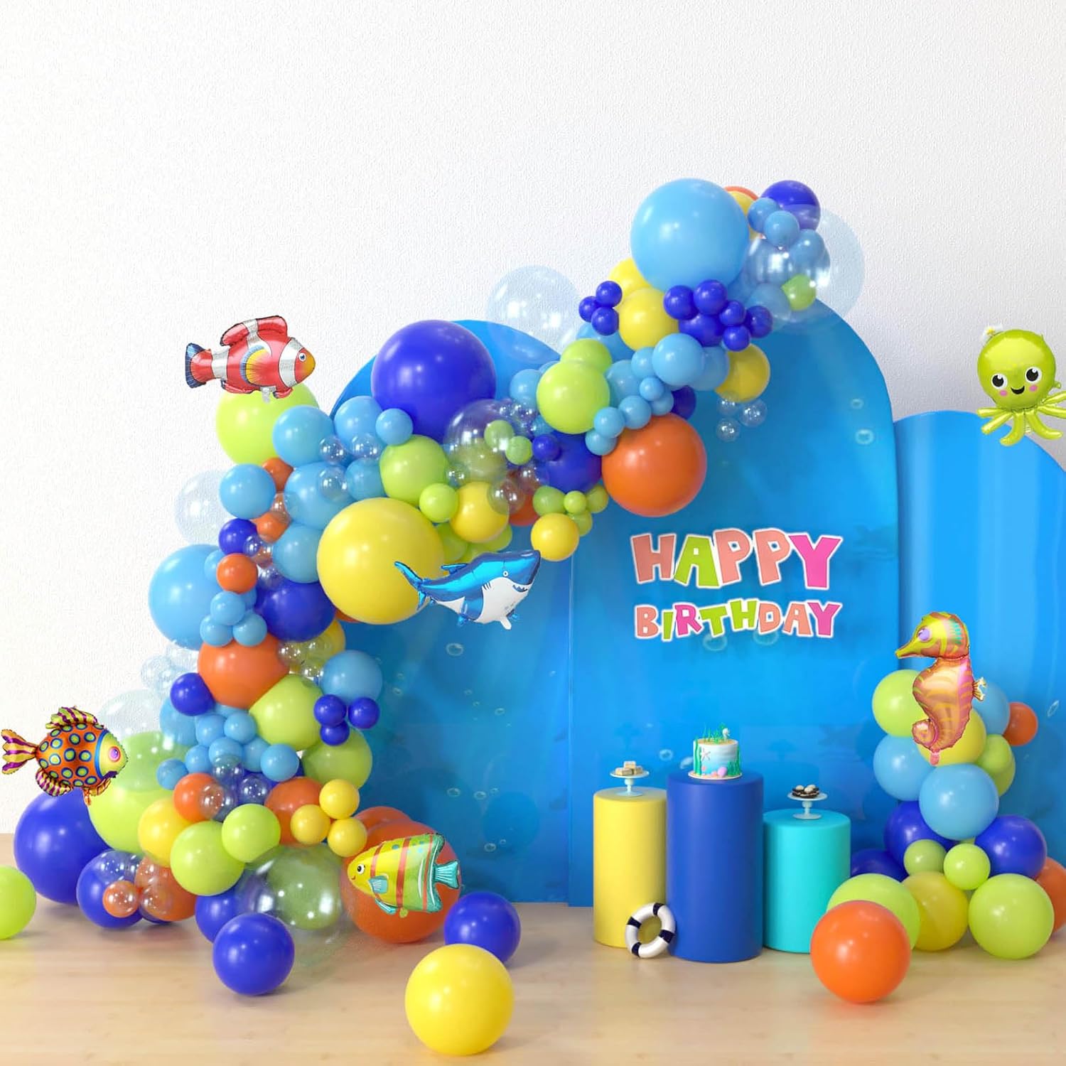 Arco de globos de cumpleaños bajo el mar, arco de guirnalda de globos oceánicos, tiburón, pez, pulpo, globo, arco de globos con temática de vida