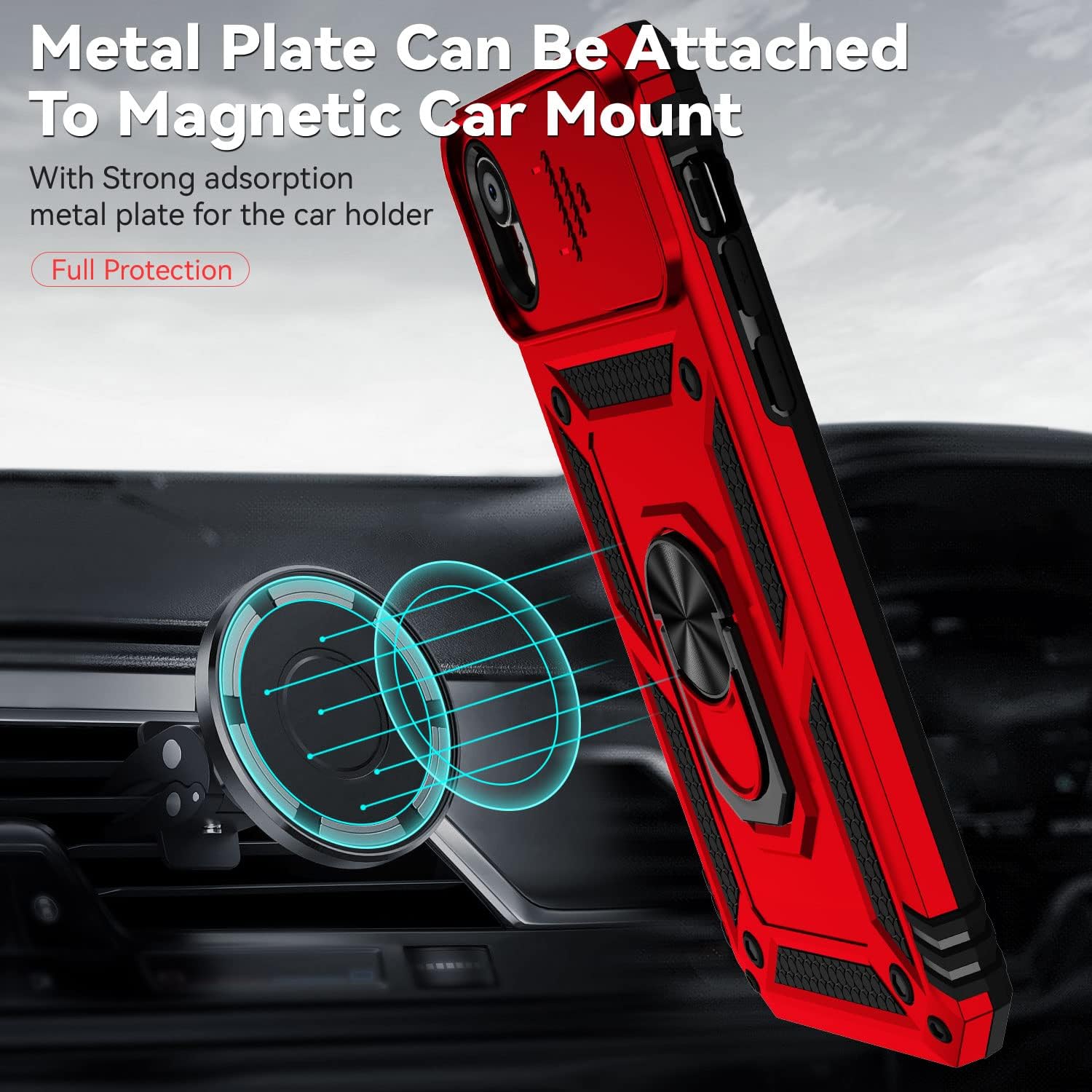 Funda para iPhone XR, con cubierta para lente de cámara, protector de pantalla HD, grado militar anillo de montaje en coche, soporte híbrido de