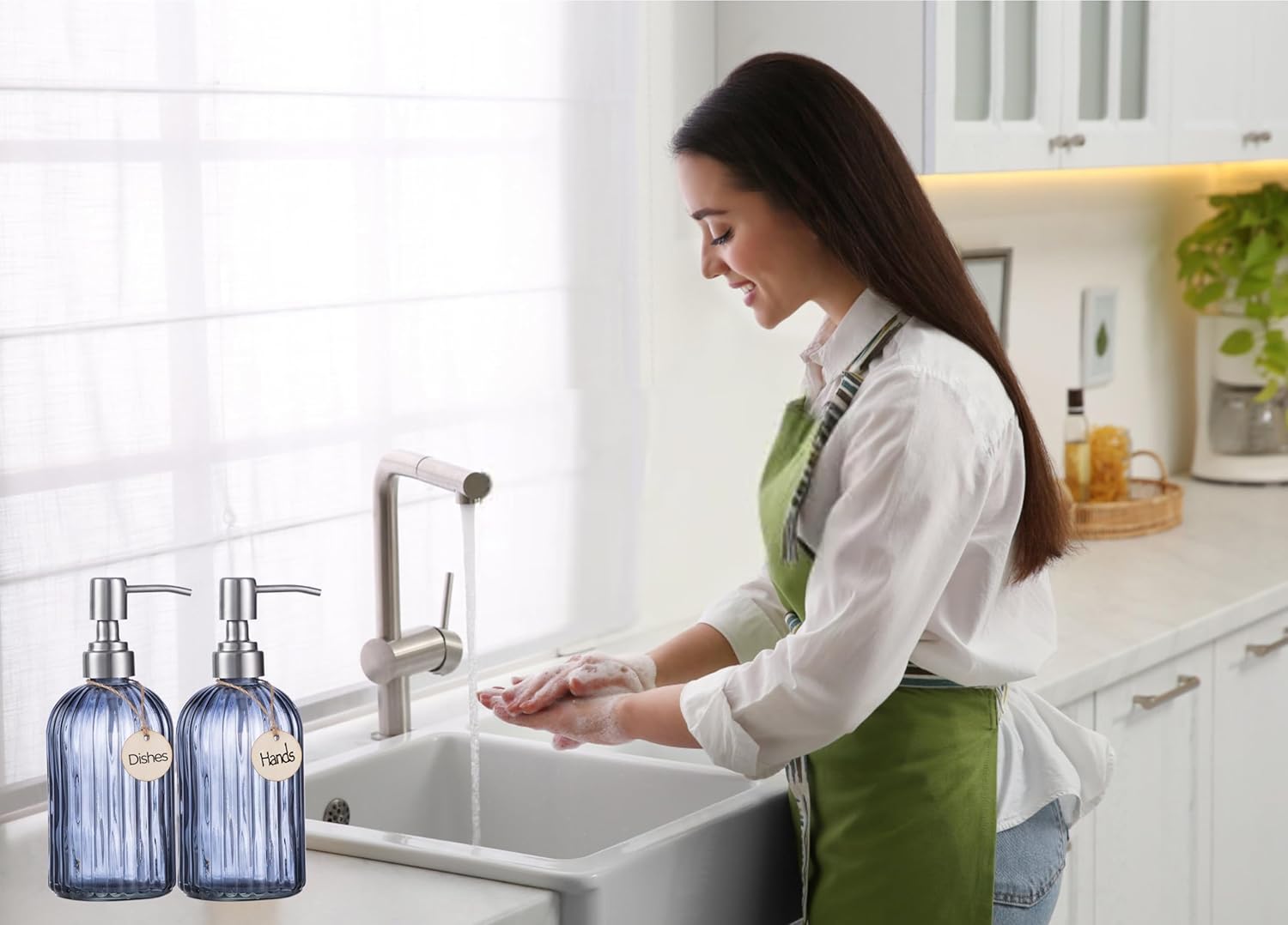 HBlife Paquete de 2 dispensadores de jabón de 16 onzas con bomba de acero inoxidable 304, dispensador de jabón de baño de cocina a rayas verticales,