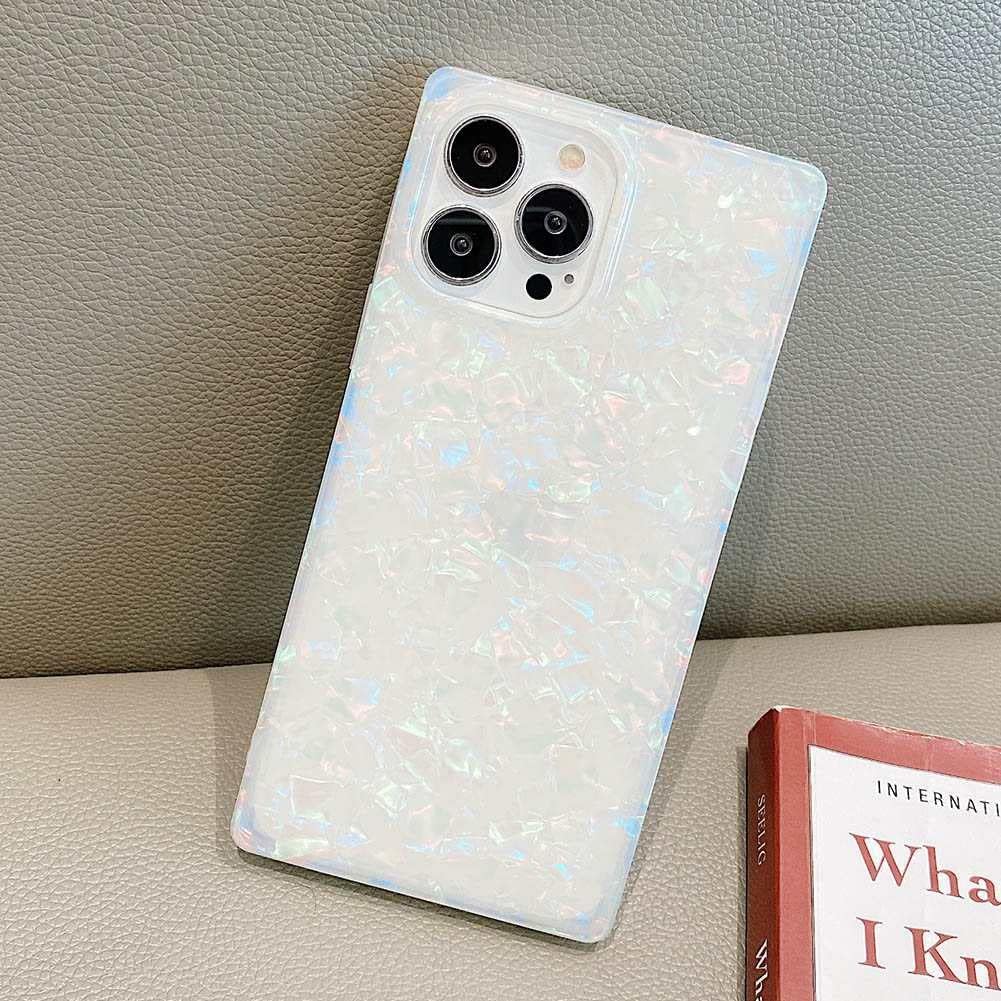 KERZZIL Funda rectangular de lujo compatible con iPhone 12 Pro Max, funda delgada con purpurina brillante, patrón de perla de poliuretano