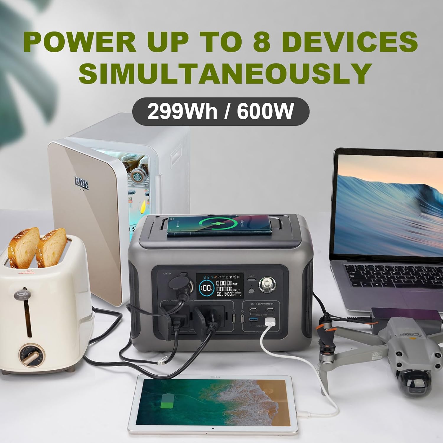ALLPOWERS Estación de energía portátil R600 con panel solar flexible SF200 incluido, generador solar LiFePO4 de 600 W 299 Wh con módulos solares