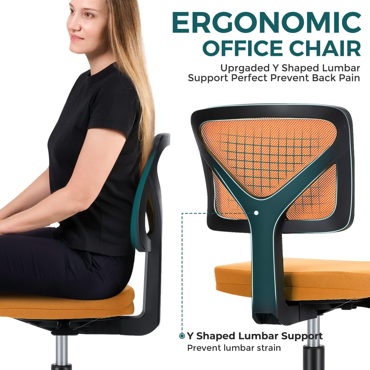 DUMOS Sillas de escritorio sin brazos con ruedas, bonita silla de oficina en casa, sin brazos, ergonómica ajustable giratoria, silla de trabajo con