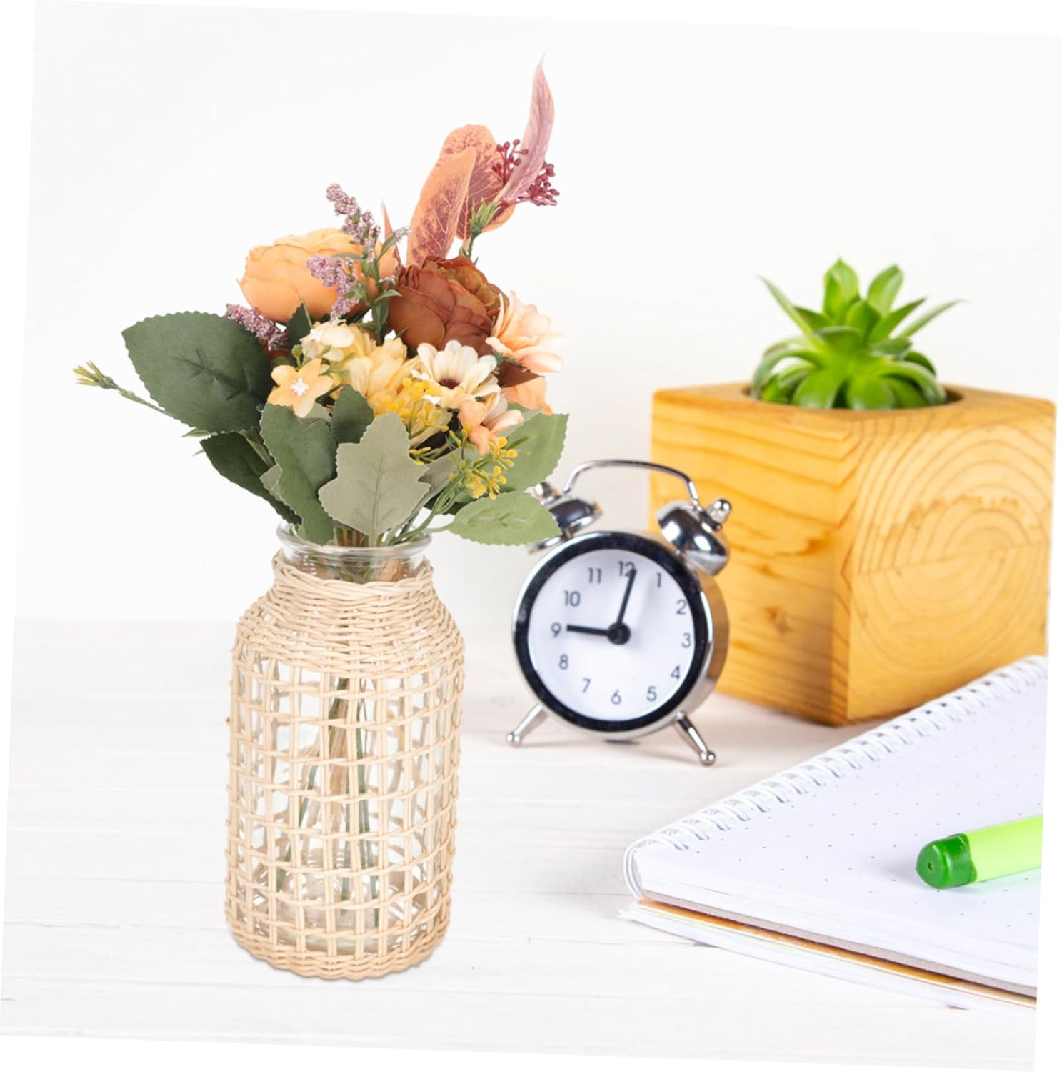 Abaodam Jarrón de cristal de ratán con cuerda, jarrón de arcilla, florero de burbujas, florero de vidrio, florero floral de mimbre para flores,