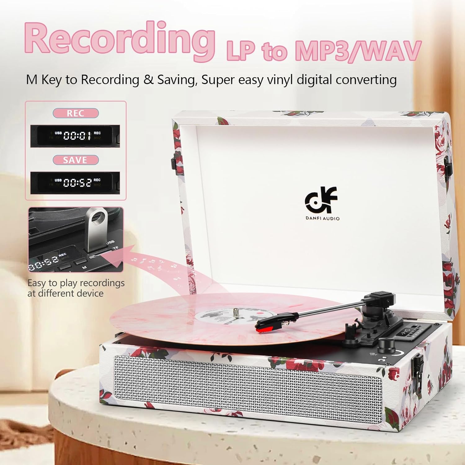 Tocadiscos vintage de 3 velocidades con altavoces integrados, reproductor de discos de vinilo Bluetooth con grabación USB, convertidor de MP3,