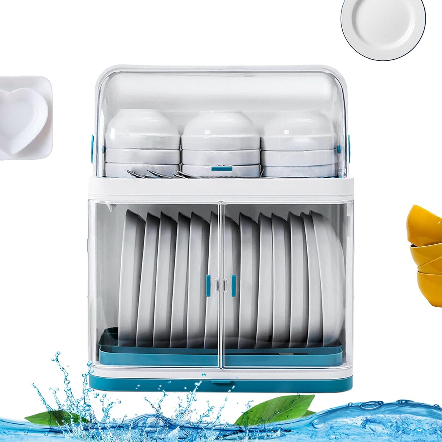 Escurridor de platos de cocina, caja de almacenamiento de plástico a prueba de polvo de 2 niveles, cesta para cubiertos, organizador de utensilios
