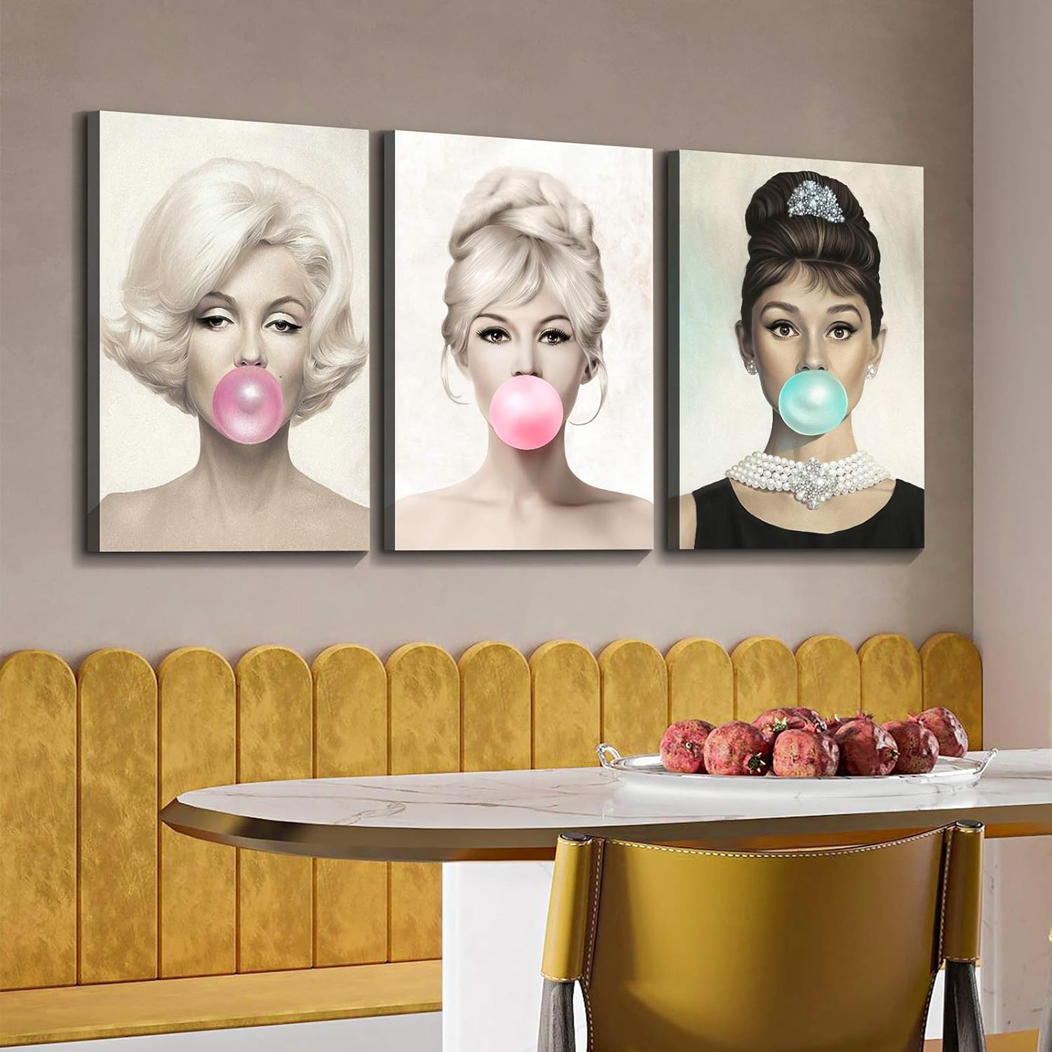 Denozer Arte de pared en lienzo con retrato de belleza de 3 paneles, Marilyn Monroe, Audrey Hepburn y Brigitte Bardot con coloridos chicles de