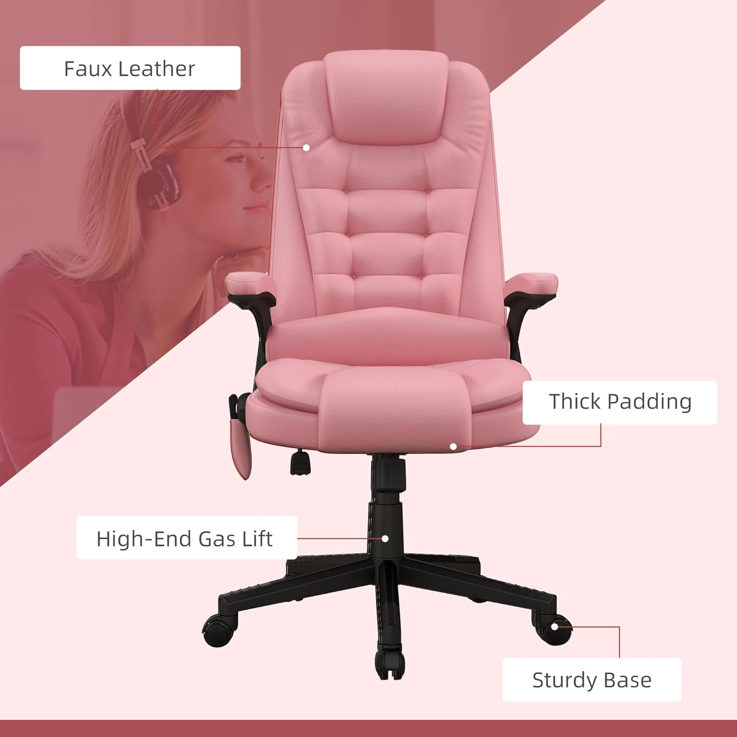 HOMCOM Silla de oficina de masaje con vibración de respaldo alto con 6 puntos de vibración, silla de computadora reclinable con calefacción de piel
