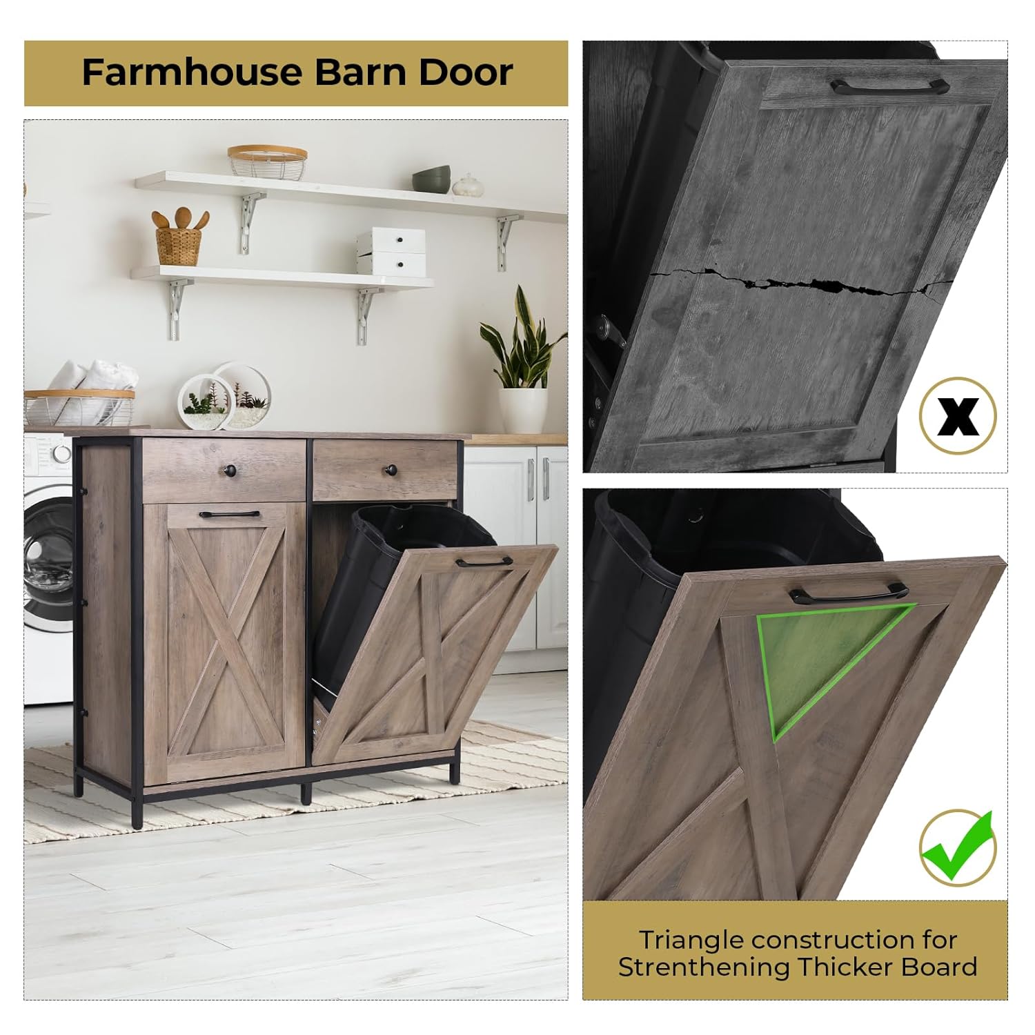 Arlopu Gabinete de basura de doble inclinación, gabinete de reciclaje extraíble de cocina de 20 galones, gabinete clasificador de ropa de madera